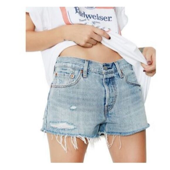 Levi’s 501 Original Distressed Button Fly Raw Edge Cutoff Denim Shorts Size 27 - Picture 1 of 9